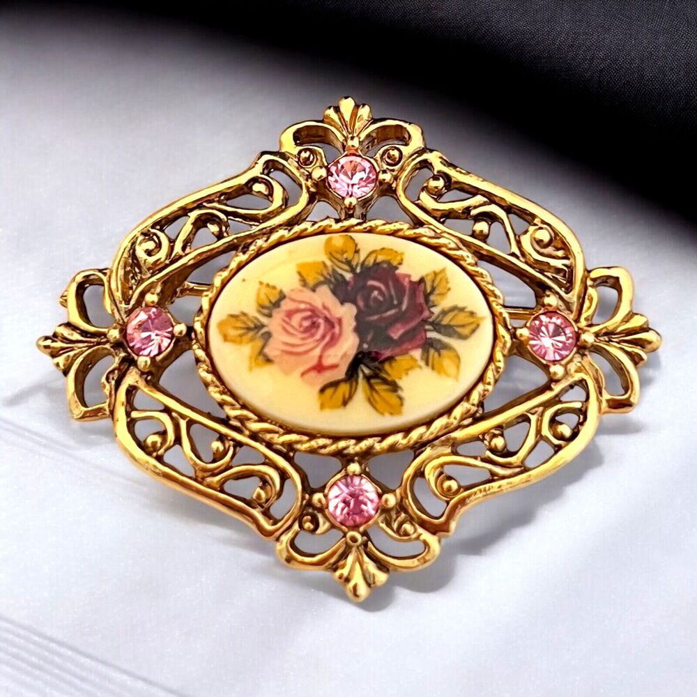 Vintage 1960s Floral Porcelain Brooch Pink Rhinestone Gold Tone Pin - 9C